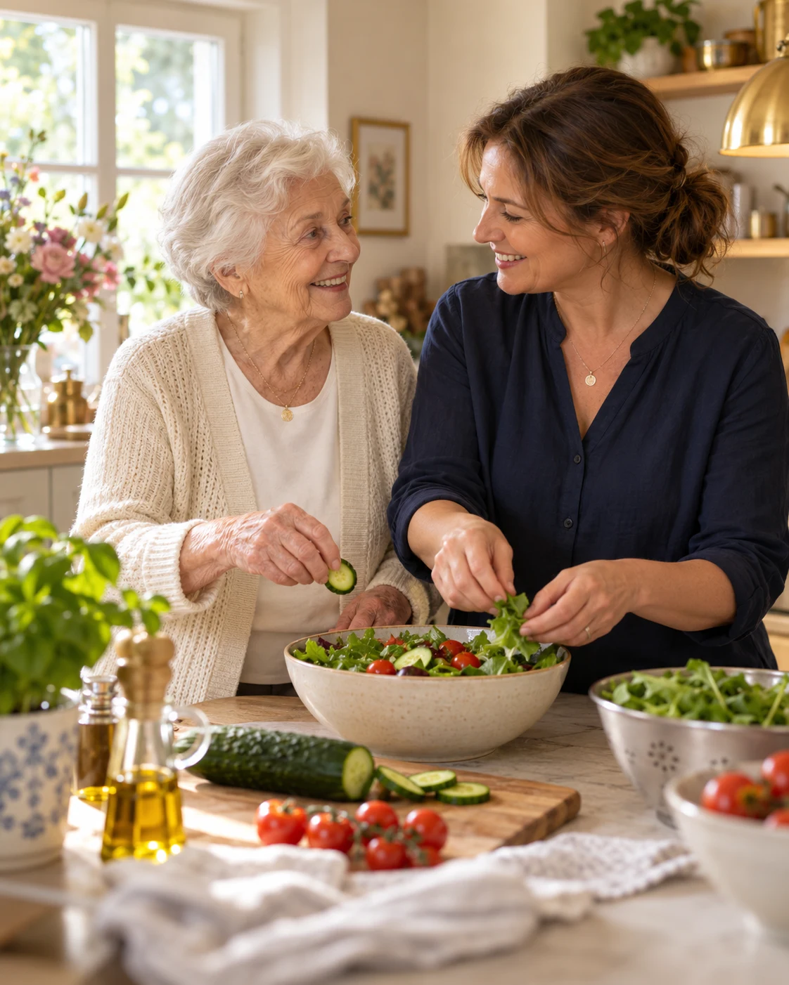 Illustrative Szene: Alltagsbegleiterin und Seniorin bereiten gemeinsam einen Salat zu